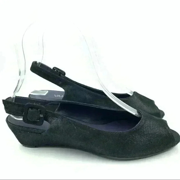 Vaneli womens heels size 4.5 black snakeskin print slingback wedges grannycore - Picture 2 of 13